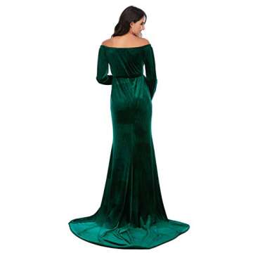 ZIUMUDY Velvet Maternity Off Shoulder Fitted Photography Gown Long Sleeve Maxi Photo Shoot Baby Shower Dress (Green, X-Large)
