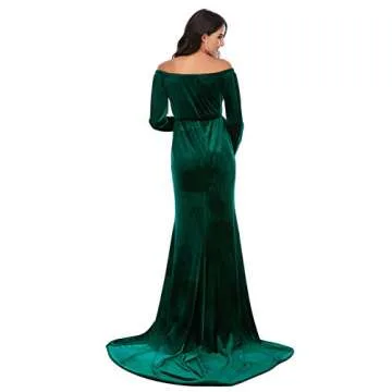 ZIUMUDY Velvet Maternity Off Shoulder Fitted Photography Gown Long Sleeve Maxi Photo Shoot Baby Shower Dress (Green, X-Large)