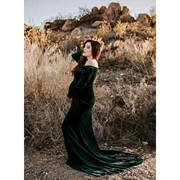 ZIUMUDY Velvet Maternity Off Shoulder Fitted Photography Gown Long Sleeve Maxi Photo Shoot Baby Shower Dress (Green, X-Large)