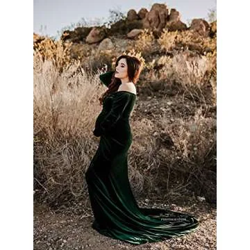 ZIUMUDY Velvet Maternity Off Shoulder Fitted Photography Gown Long Sleeve Maxi Photo Shoot Baby Shower Dress (Green, X-Large)