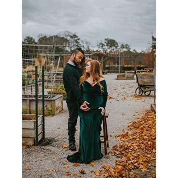 ZIUMUDY Velvet Maternity Off Shoulder Fitted Photography Gown Long Sleeve Maxi Photo Shoot Baby Shower Dress (Green, X-Large)