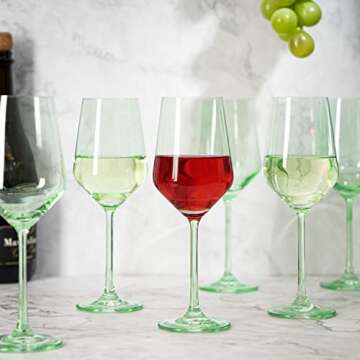 The Wine Savant Green Colored Wine Glass Set, 12oz, Set of 6 - Wedding Mint Green, Gift, Baby Shower Gender Reveal Decor Unique Italian Style Tall Stemmed for White & Red Wine Elegant Glassware Color