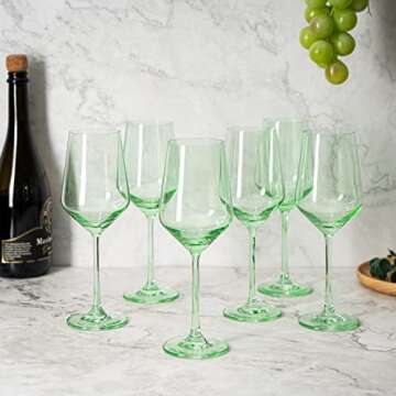 The Wine Savant Green Colored Wine Glass Set, 12oz, Set of 6 - Wedding Mint Green, Gift, Baby Shower Gender Reveal Decor Unique Italian Style Tall Stemmed for White & Red Wine Elegant Glassware Color