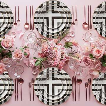 KBDSD Bone China Dinner Plate, Scandinavian Style Hand Painted Crossroad Stripes Black and White Wes...