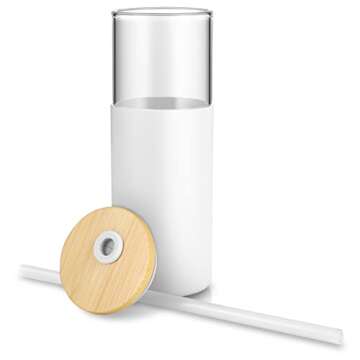 Tronco 24 oz Glass Tumbler with Straw and Lid - Glass Cup with Lid and Straw, Smoothie Cup, Iced Coffee Cup - Bamboo Lid and Protective Silicone Sleeve - BPA-Free