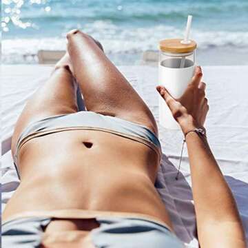 Tronco 24 oz Glass Tumbler with Straw and Lid - Glass Cup with Lid and Straw, Smoothie Cup, Iced Coffee Cup - Bamboo Lid and Protective Silicone Sleeve - BPA-Free