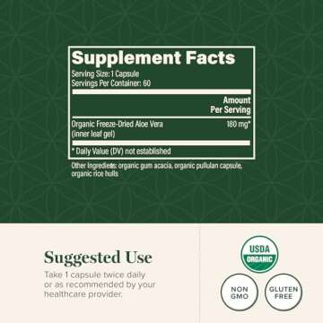 Global Healing Aloe Vera Bio-Active Organic Leaf Supplement - 200x Concentrate Formula with Highest Concentration of Acemannan - Aloin-Free - Gut Health & Immune Support - 60 Capsules