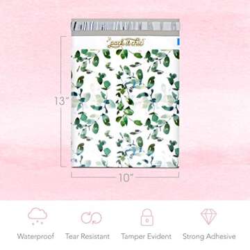 Pack It Chic - 10X13 (100 Pack) Geometric Leaves Pattern - Thank You Poly Mailer Envelope Plastic Custom Mailing & Shipping Bags - Self Seal