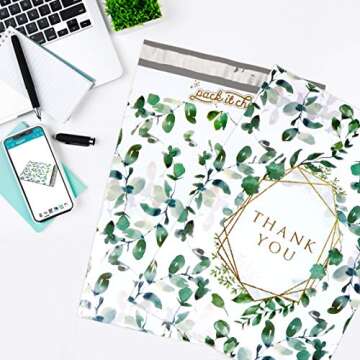 Pack It Chic - 10X13 (100 Pack) Geometric Leaves Pattern - Thank You Poly Mailer Envelope Plastic Custom Mailing & Shipping Bags - Self Seal