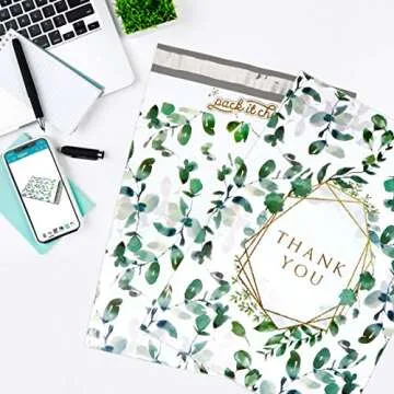 Pack It Chic - 10X13 (100 Pack) Geometric Leaves Pattern - Thank You Poly Mailer Envelope Plastic Custom Mailing & Shipping Bags - Self Seal