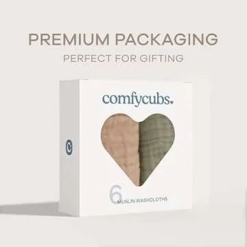 Comfy Cubs Muslin Baby Washcloths 6 Pack - Soft 6-Layer Cotton Wash Cloths for Sensitive Skin - 10"x10" Large, Gentle, Absorbent Infant Essentials for Newborn and Toddlers - (Multicolor)