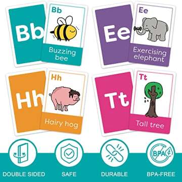 LotFancy ABC Flash Cards for Toddlers 2-4, Jumbo Size, 26 Letters, Mnemonic Alphabet Learning Cards, Educational Flashcards for Kids in Pre-k, Kindergarten
