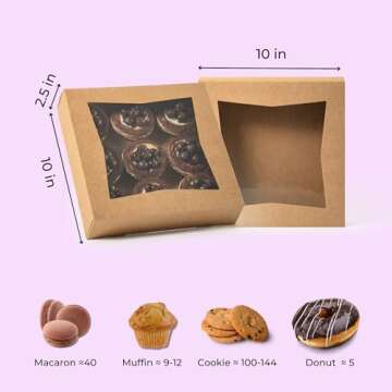 Fit Meal Prep 25 Pack 10 x 10 x 2.5 Inches Pie Boxes with Window, Square Kraft Pastry Boxes, Auto Po...