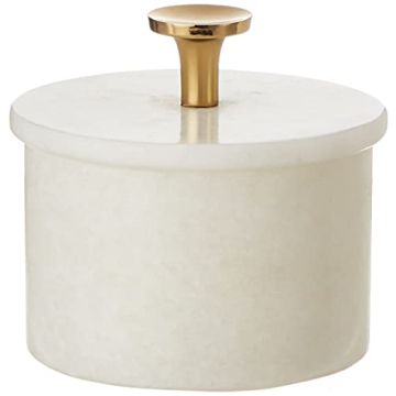 Queenza Salt Cellar with Lid & Brass Knob - 3 Inch White Makrana Marble Salt Bowl, Salt Dish for Kit...