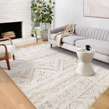 Area Rug Living Room Carpet: 8x10 Large Moroccan Soft Fluffy Geometric Washable Bedroom Rugs Dining Room Home Office Nursery Low Pile Decor Under Kitchen Table Light Brown/Ivory