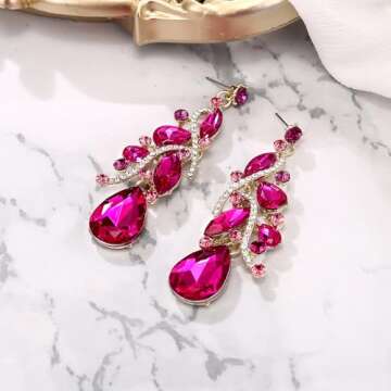 BriLove Women's Bohemian Boho Dangle Earrings with Crystal Multi Teardrop Filigree Cluster Chandelier Fuchsia Gold-Tone