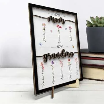Pawfect House First Mom Now Grandma Customized Birth Month Flower Wood Plaque With Stand, Mothers Day Gifts For Mom, Grandma, Mom Gifts From Daughters, Sons, Grandma Birthday Gifts From Grandkids