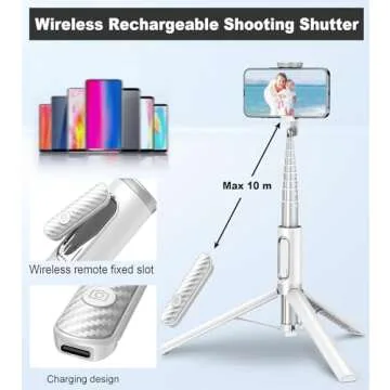 TONEOF 67" Travel Tripod,Selfie Stick,All-in-1 Phone Tripod Stand with Integrated Wireless Remote,Lightweight and Portable,Extendable Tripod for iPhone and Android(White)