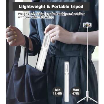 TONEOF 67" Travel Tripod,Selfie Stick,All-in-1 Phone Tripod Stand with Integrated Wireless Remote,Lightweight and Portable,Extendable Tripod for iPhone and Android(White)