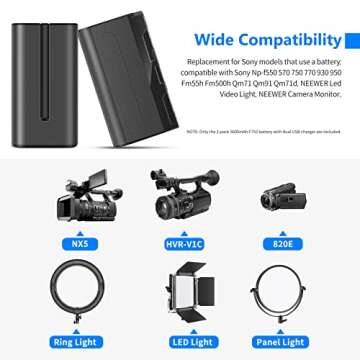NEEWER NP-F750 2-Pack 5600mAh Li-ion Replacement Battery with USB Charger, Compatible with Sony NP-F550 570 750 770 930 950 FM55H FM500H QM71 QM91 QM71D LED Light, Monitor, Motorized Slider