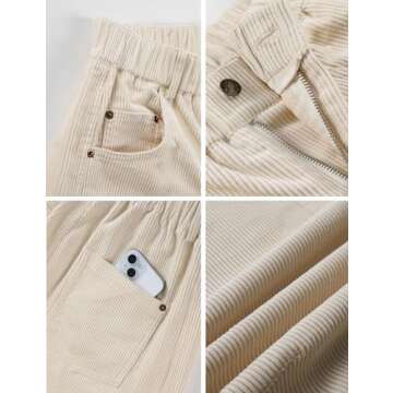 SeekMe Women's Corduroy Pants Barrel Mid-Rise Elastic Waist Cord Pants Casual Wide Leg Baggy Trouser with Pockets(0005-Beige-XS)