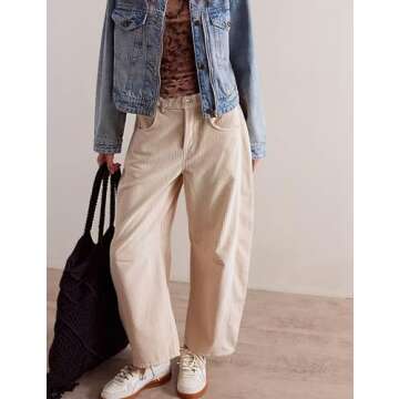 SeekMe Women's Corduroy Pants Barrel Mid-Rise Elastic Waist Cord Pants Casual Wide Leg Baggy Trouser with Pockets(0005-Beige-XS)