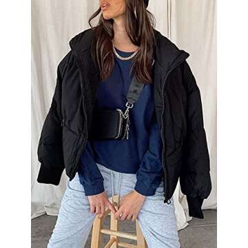 ZCSIA Women's Winter Long Sleeve Full Zipper Oversized Baggy Puffer Short Down Jacket Coat,Black,Small