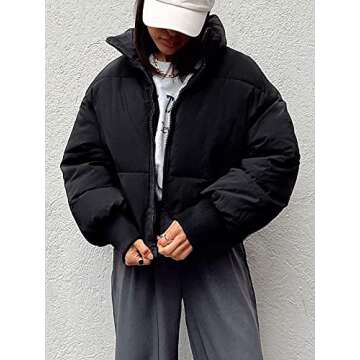 ZCSIA Women's Winter Long Sleeve Full Zipper Oversized Baggy Puffer Short Down Jacket Coat,Black,Small