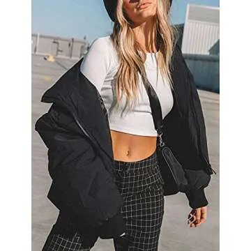 ZCSIA Women's Winter Long Sleeve Full Zipper Oversized Baggy Puffer Short Down Jacket Coat,Black,Small