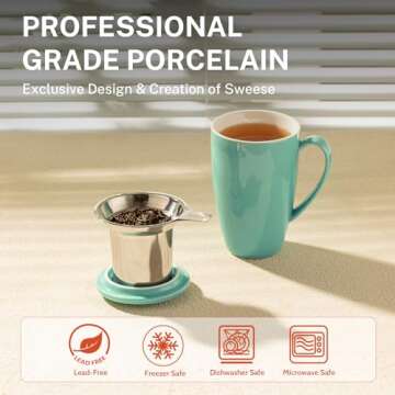 Sweese Tea Cup with Infuser and Lid, Microwave Safe Tea Mug with Handle - 15oz Porcelain Cup for Tea Warm and Hot Water - Quality Tea Infuser Cup for Tea Drinker