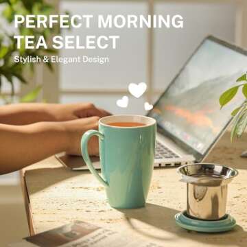 Sweese Tea Cup with Infuser and Lid, Microwave Safe Tea Mug with Handle - 15oz Porcelain Cup for Tea Warm and Hot Water - Quality Tea Infuser Cup for Tea Drinker