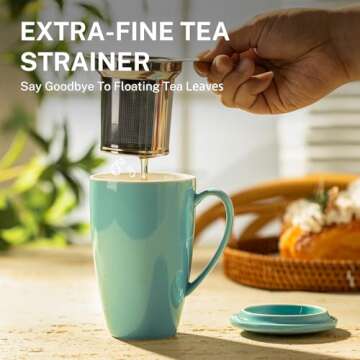 Sweese Tea Cup with Infuser and Lid, Microwave Safe Tea Mug with Handle - 15oz Porcelain Cup for Tea Warm and Hot Water - Quality Tea Infuser Cup for Tea Drinker