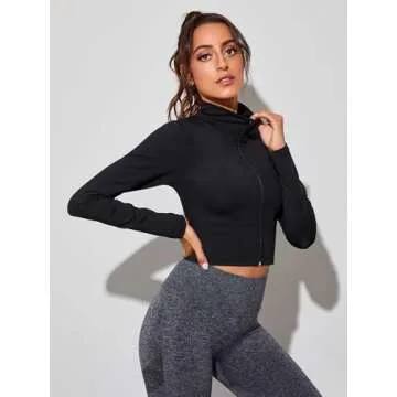 SOLY HUX Women's Lightweight Full Zip Athletic Long Sleeve Crop Running Workout Yoga Sportwear Jacket Black M