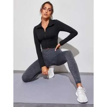 SOLY HUX Women's Lightweight Full Zip Athletic Long Sleeve Crop Running Workout Yoga Sportwear Jacket Black M