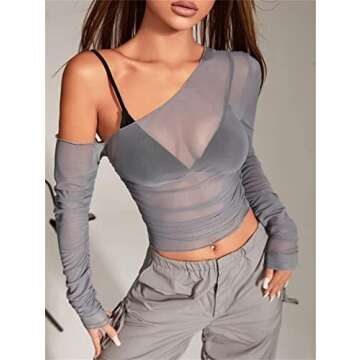 LOFAAC Women Sexy Mesh Sheer See Through Long Sleeve Crop Tops Slim Fit Ruched Off Shoulder Crop Blouse Tee Top Clubwear(S,US,Women,Gray)