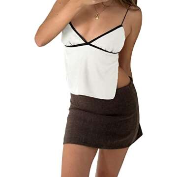 Women Y2k Backless Crop Top Sexy Tie Up Spaghetti Strap Camisole Shirt Cute Summer Tops White S