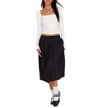 Women Long Sleeve Lace Trim Fitted Tops Y2K Scoop Neck Crop Top Going Out Tops Solid Color Basic Tight Shirts (L-White,Small)