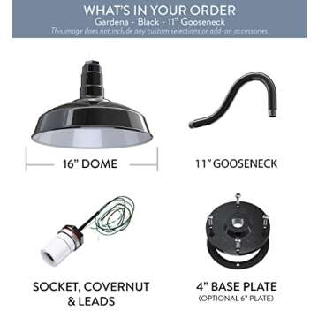 Steel Lighting Co. Gardena Barn Light | Outdoor Wall Mounted | 16" Dome | 11" Gooseneck | Farmhouse Light Made in America | Black Exterior/White Interior