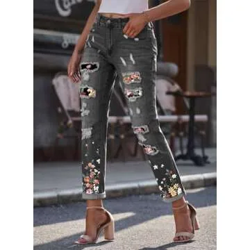 EVALESS Ripped Jeans for Women Plaid Patch Democracy Print Distressed Boyfriend Losse Distressed Flower Denim Jeans Pants with Hole Grey Small