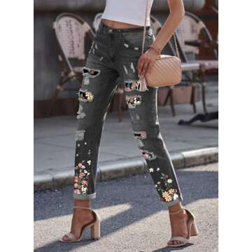 EVALESS Ripped Jeans for Women Plaid Patch Democracy Print Distressed Boyfriend Losse Distressed Flower Denim Jeans Pants with Hole Grey Small