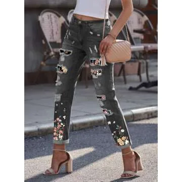 EVALESS Ripped Jeans for Women Plaid Patch Democracy Print Distressed Boyfriend Losse Distressed Flower Denim Jeans Pants with Hole Grey Small
