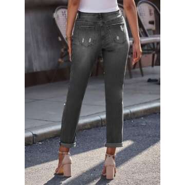 EVALESS Ripped Jeans for Women Plaid Patch Democracy Print Distressed Boyfriend Losse Distressed Flower Denim Jeans Pants with Hole Grey Small