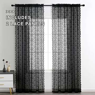 FINECITY Black Lace Curtains 84 Inch Long, Vintage Rose Floral Lace Sheer Curtains for Living Room, ...