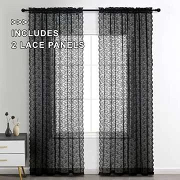 FINECITY Black Lace Curtains 84 Inch Long, Vintage Rose Floral Lace Sheer Curtains for Living Room, ...