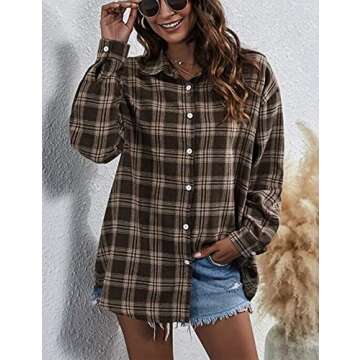 Bozanly Oversized Flannel Buffalo Plaid Shirt - Women