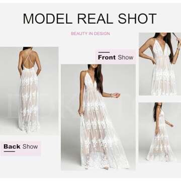 Dokotoo Womens Sexy V Neck Sleeveless Spaghetti Straps Elegant Embroidered High Slit Sheer Mesh Dresses Backless Maxi Long Formal Evening Party Prom Dress Bridesmaid Wedding Guest Dresses White Small