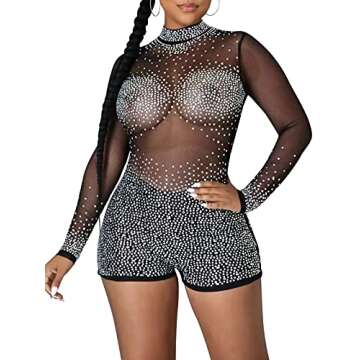 Ekaliy Women's Sequin Rhinestone Bodycon Club Jumpsuit Mesh Short Jumpsuit Long Sleeve See Through Romper Clubwear Black L