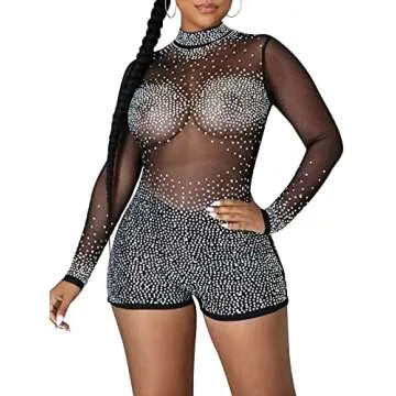 Ekaliy Women's Sequin Rhinestone Bodycon Club Jumpsuit