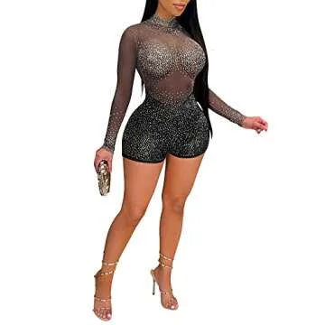 Ekaliy Women's Sequin Rhinestone Bodycon Club Jumpsuit