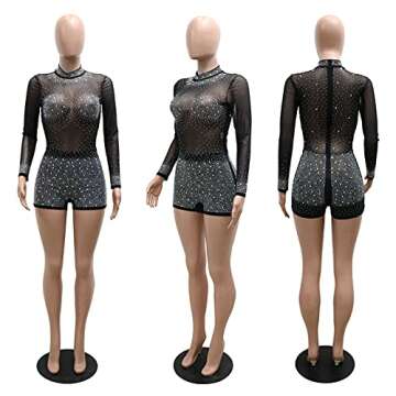 Ekaliy Women's Sequin Rhinestone Bodycon Club Jumpsuit Mesh Short Jumpsuit Long Sleeve See Through Romper Clubwear Black L